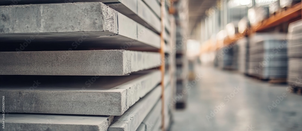Poster gray concrete slabs neatly stacked in a warehouse setting with blurred background showcasing industr