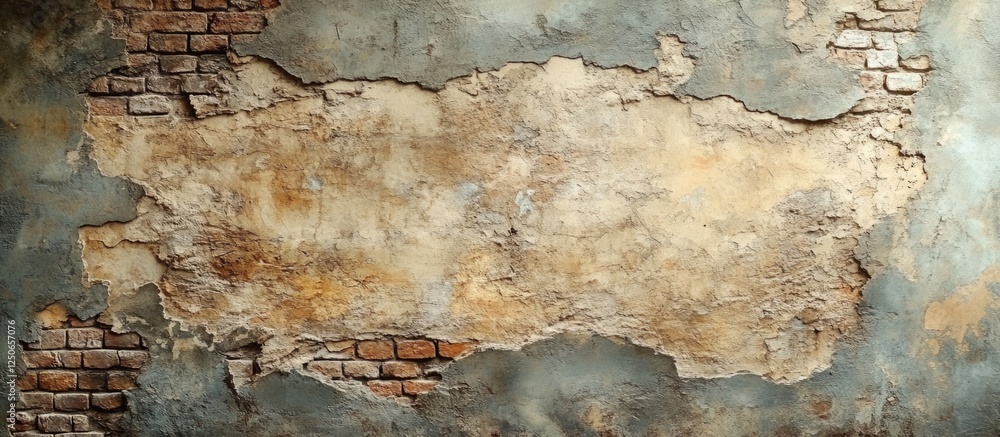 Poster textured industrial wall with exposed bricks and plaster stains creating a rustic and weathered appe