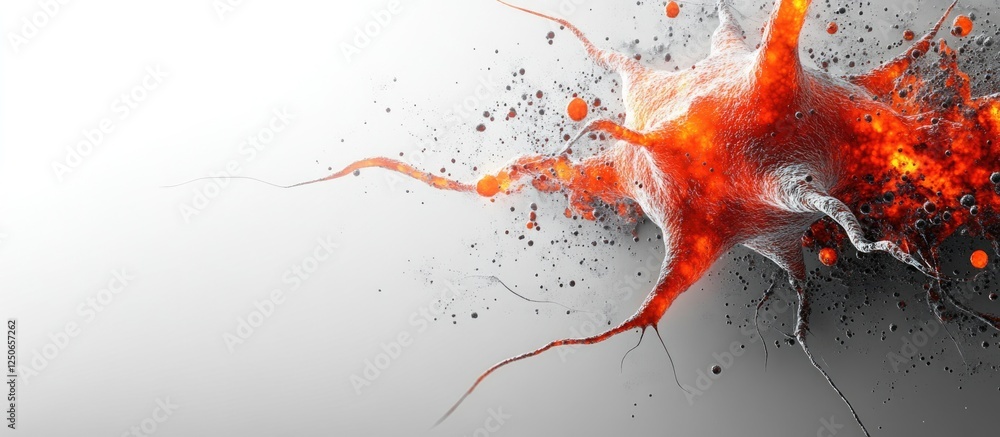 Poster high angle view of vibrant neuronal cells in the nervous system on a grey background with space for 