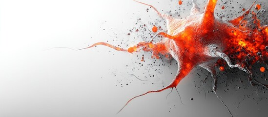 High angle view of vibrant neuronal cells in the nervous system on a grey background with space for adding text or graphics.