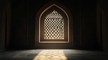 Fototapeta premium An arched window in an Indian mosque with light streaming through, a dark room, the silhouette of the night sky visible outside. Islamic architecture, architectural photography, moody lighting
