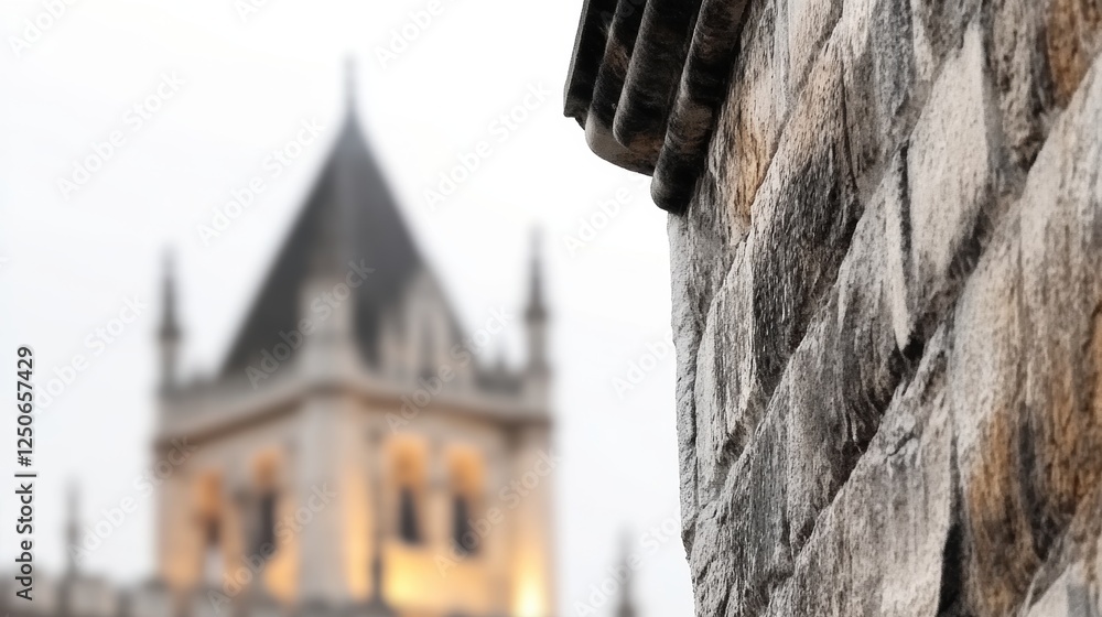 Poster a close-up of a stone wall with a blurred architectural structure in the background.