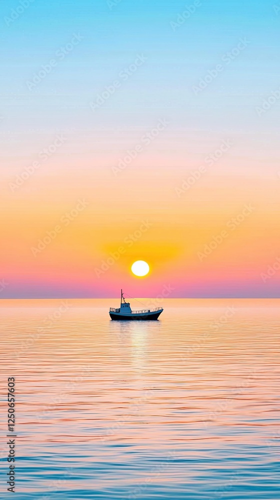 Wall mural evening ocean ship in the sea at sunset, serene sunset over calm ocean waters with fishing boat silh