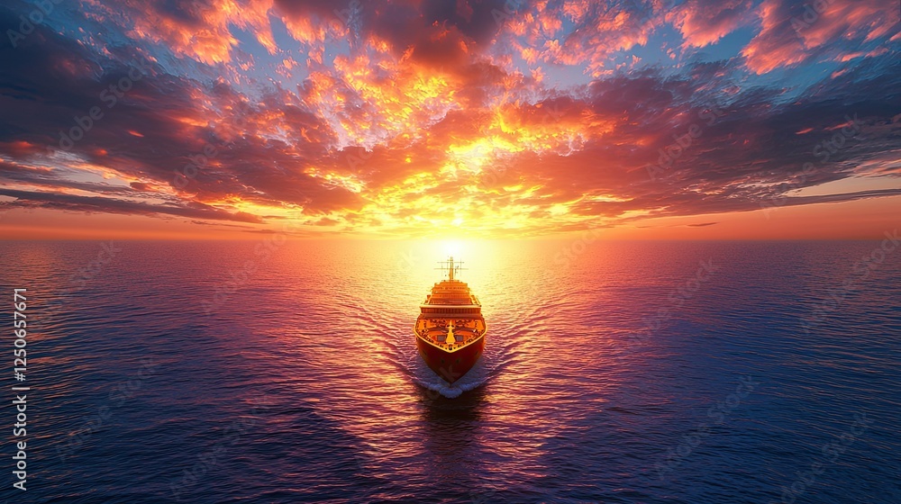 Wall mural evening ocean ship in the sea at sunset, majestic yacht sailing towards vibrant sunset over calm oce
