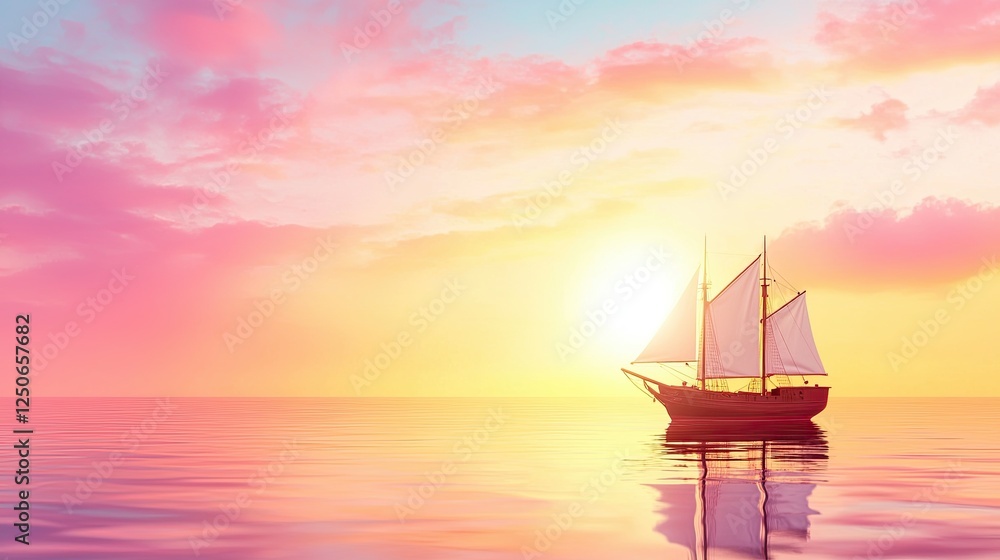 Wall mural evening ocean ship in the sea at sunset, serene sailboat gliding across calm waters under vibrant su