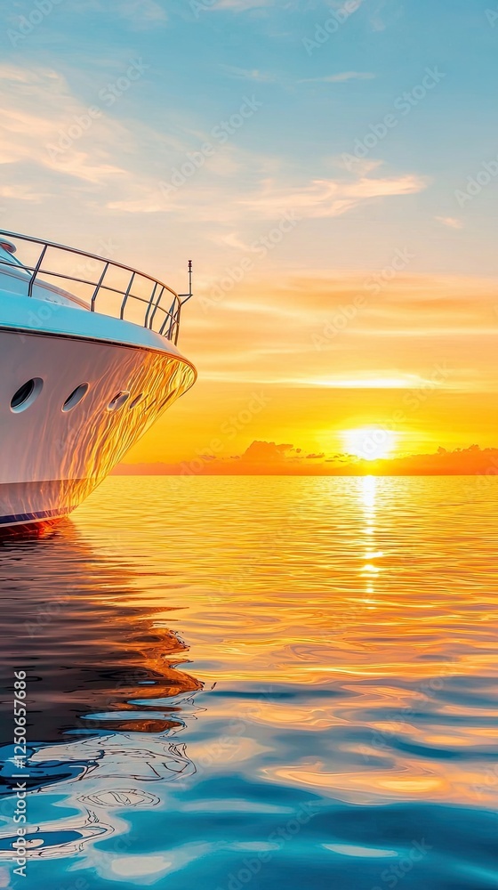 Wall mural evening ocean ship in the sea at sunset, elegant yacht sailing at sunset with reflections on calm wa