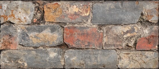 Fototapeta premium Aged gray brick wall with textured cement detailing showcasing rustic charm and wear over time suitable for architectural or design projects.