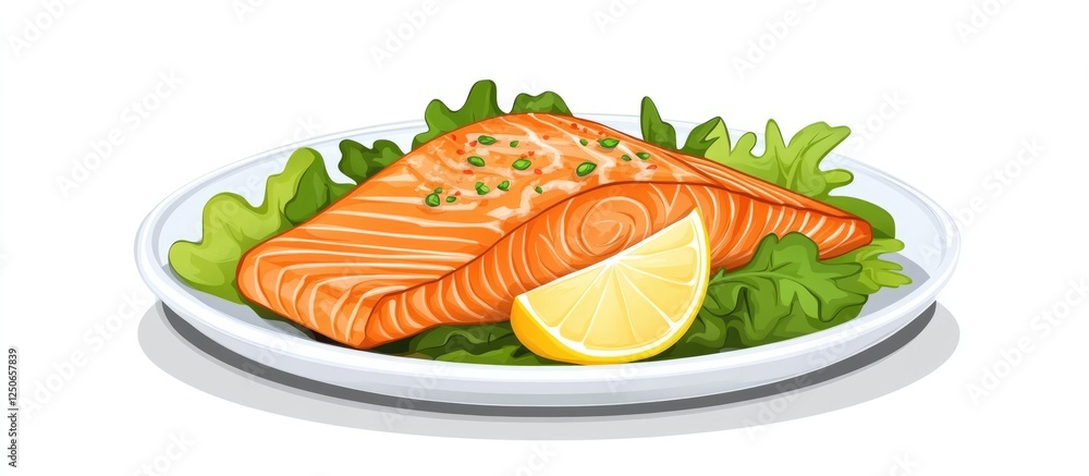 Poster grilled salmon fillet served with lemon wedge and fresh green salad on a plate with space for adding
