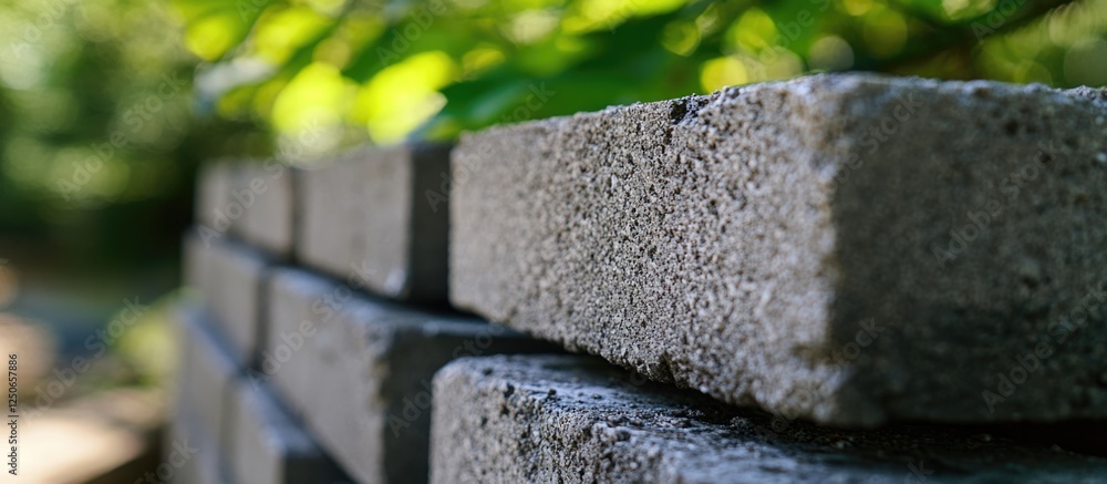 Poster gray bricks arranged neatly with cement displays a natural backdrop of green treetops and soft focus