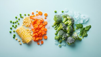 Frozen vegetables in assortment on a bright background. Vegetarian food concept. Vegetables covered with ice. Preparing vegetables for cooking. products from the refrigerator.