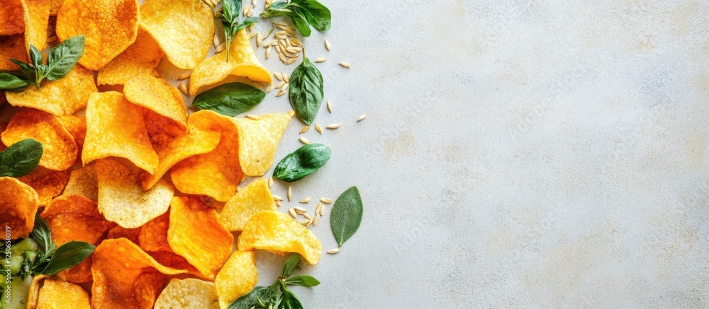 Poster herb and vegetable chips arranged on a rustic surface with empty copy space for text and wheat accen