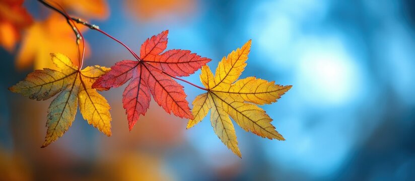 Vibrant autumn maple leaves in green yellow and red hues glowing against a bright blue sky backdrop