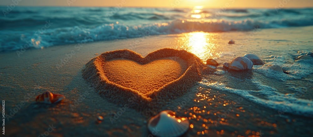 Poster heart shape created in sand at the beach with gentle waves and seashells captured from above during 