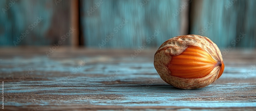 Aufkleber close up of a hazelnut in its shell on a textured wooden surface highlighting natural colors and rus