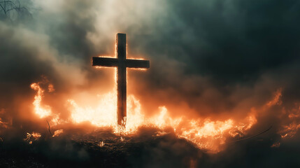 Fototapeta premium A wooden cross standing amidst flames, surrounded by wisps of smoke and fire 