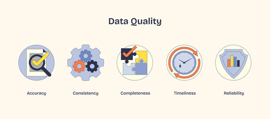 Data quality icons show accuracy, consistency, and reliability using checkmarks, gears, and shields. Neubrutalism style