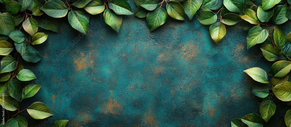 Aufkleber greeting card design featuring lush green branches on a textured blue and brown background with ampl
