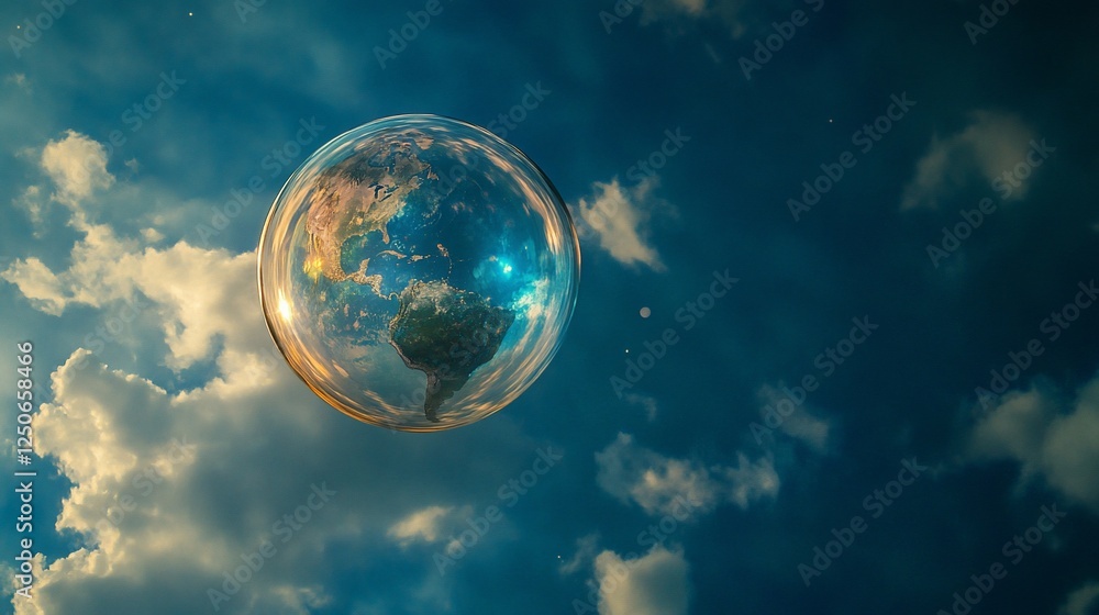 Poster a transparent bubble encasing the earth floating among sky and clouds