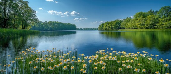 Hawthorn flowers blooming by tranquil lake surrounded by lush reeds and vibrant green forest in springtime landscape