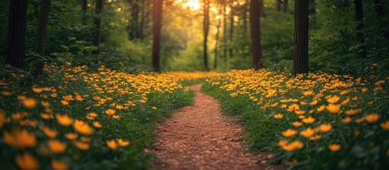 Obraz premium Spring Forest Pathway Surrounded by Vibrant Wildflowers and Sunlight Filtering Through Trees Creating a Serene Nature Scene