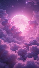 neon pink and deep blue clouds illuminated by ethereal cosmic light, soft glowing mist, moon and a dreamy starry sky for futuristic and fantasy-themed backgrounds