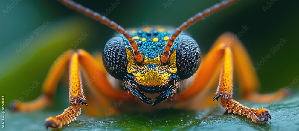 Poster macro shot of a colorful insect showcasing detailed eyes and vibrant features in a natural setting w