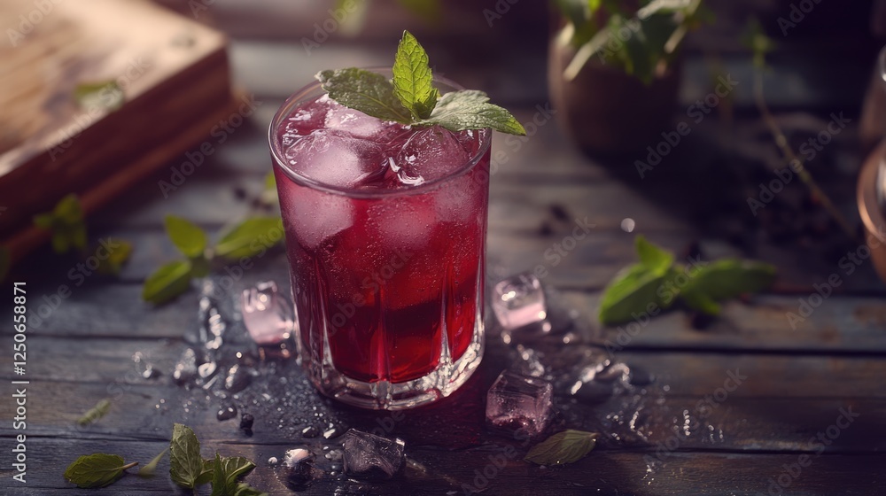Poster refreshing iced tea with mint and ice cubes surrounded by natural elements on a rustic wooden surfac