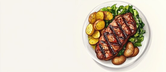 Grilled pork dish with potatoes and fresh salad served on plate top view with empty space for text or branding purpose.