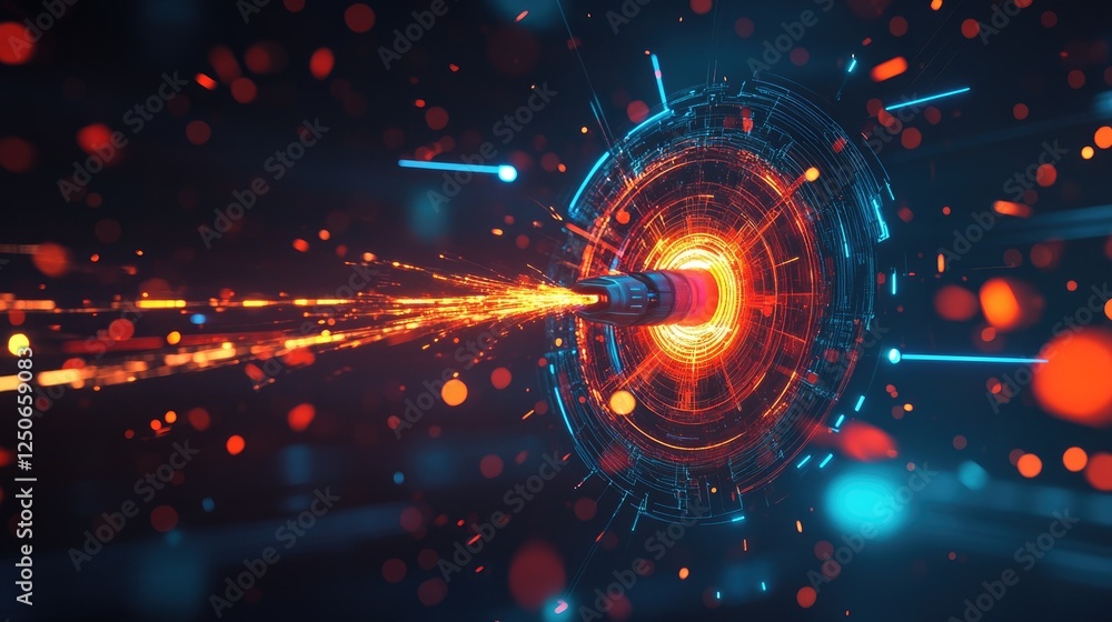 Poster a cybernetic dart with glowing trails, hitting a futuristic target with an explosion of sparks.