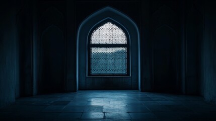 Fototapeta premium An arched window in an Indian mosque with light streaming through, a dark room, the silhouette of the night sky visible outside. Islamic architecture, architectural photography, moody lighting