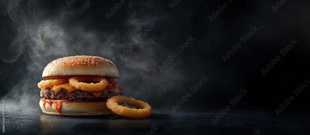 Poster grilled burger with onion rings on a dark background featuring smoke and empty space for text advert