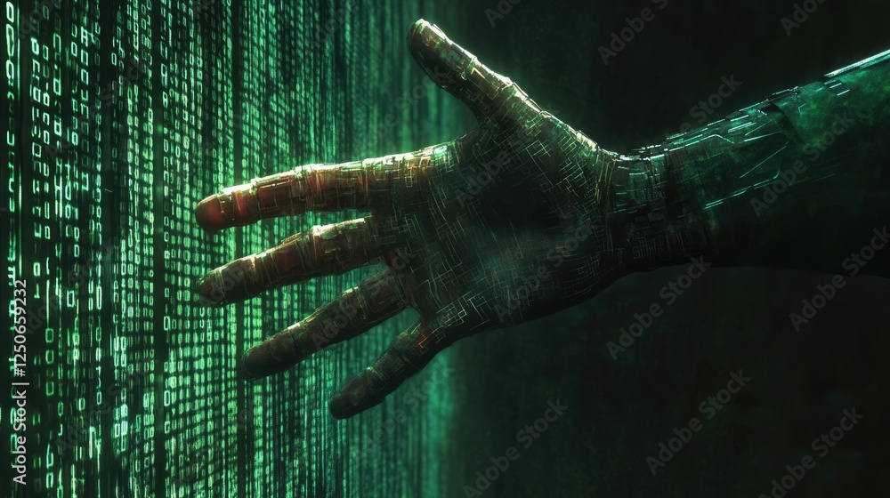 Poster a cybernetic hand scanning a matrix of glowing binary code, symbolizing ai and advanced computing.