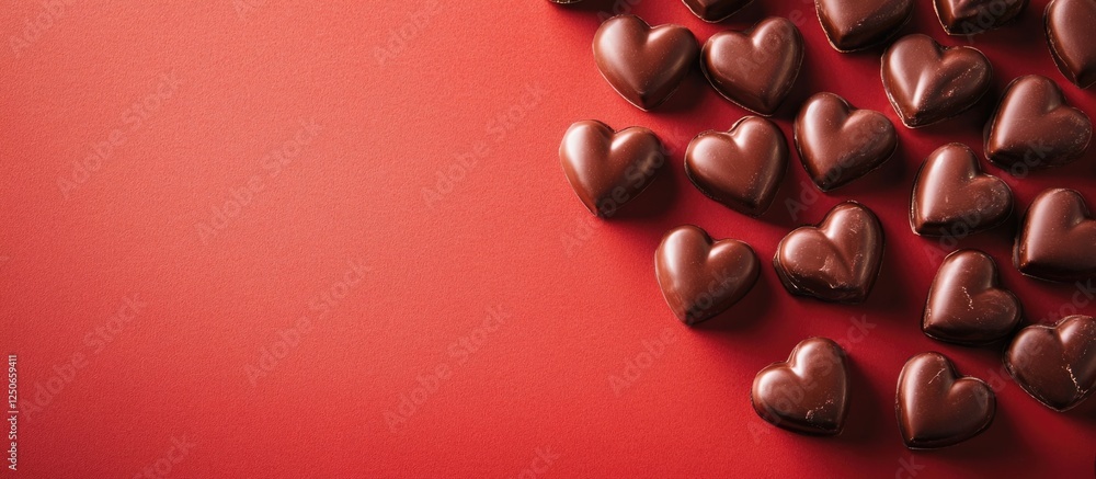 Poster heart shaped chocolates on vibrant red background with ample copy space for romantic or festive text