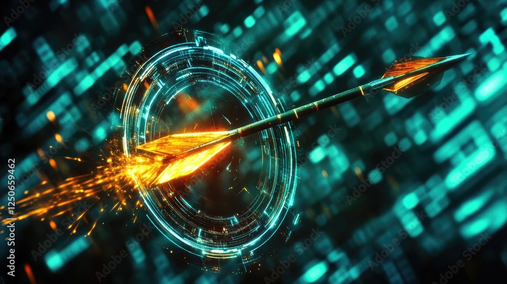 Poster a cybernetic dart with glowing trails, hitting a futuristic target with an explosion of sparks.