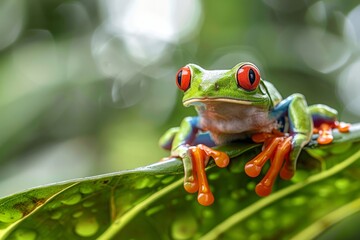 Naklejka premium Red-eyed Tree Frog, Agalychnis callidryas, sitting on the green leave in tropical forest in Costa Rica.