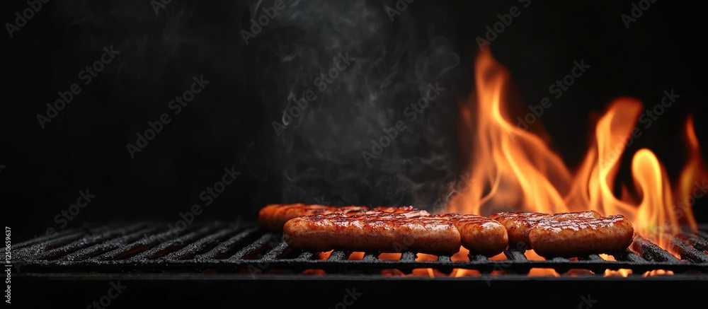 Poster Grilling sausages and chops on an open flame with vibrant flames creating a dynamic barbecue atmosphere and space for text or branding
