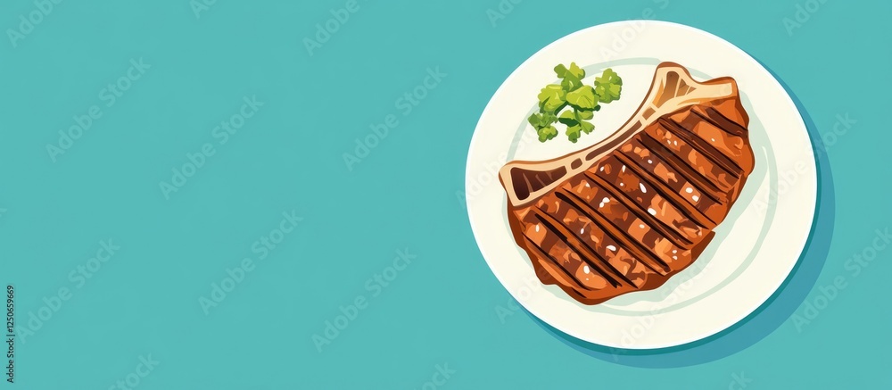 Poster grilled t-bone steak beautifully plated for lunch with vibrant empty space for text or branding use.