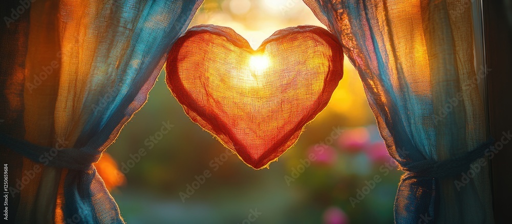 Poster heart-shaped curtain creation adding warmth and charm to doorways with soft sunlight filtering throu