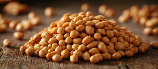 Obraz premium Heap of Raw Peanuts on Rustic Wooden Surface for Healthy Snack and Culinary Use