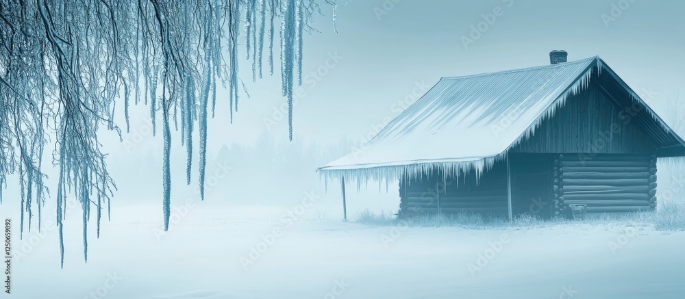 Poster icicles dripping from a rustic cabin in a serene winter landscape with open space for text and story