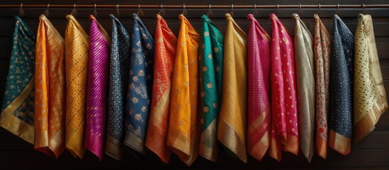 Ethnic saree collection showcasing vibrant traditional designs and colors hanging in a well-lit display for fashion inspiration.