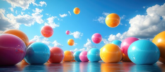 Colorful inflatable balls floating in a bright blue sky with clouds creating a playful and vibrant atmosphere for creative projects.