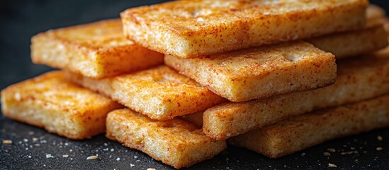 Crunchy spicy wheat sticks croutons stacked on black background Fast food snack concept for menu or advertising design