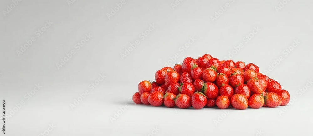 Poster fresh strawberries piled on a smooth white background showcasing vibrant colors with ample space for