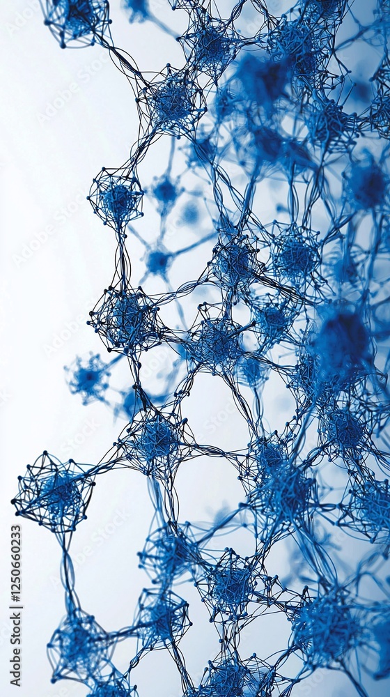Poster Abstract network of interconnected nodes, scientific visualization, light background. Possible use educational material