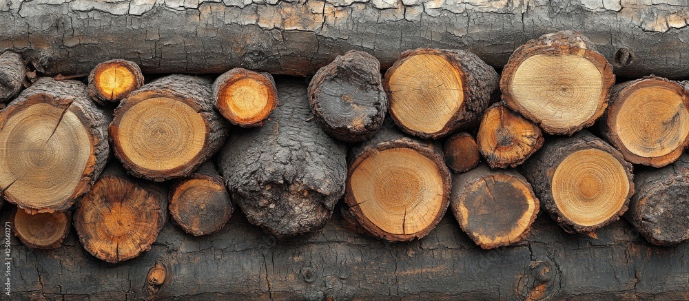 Poster coniferous tree stumps and trunks displaying microcracks in a logging timber pile highlighting wood 