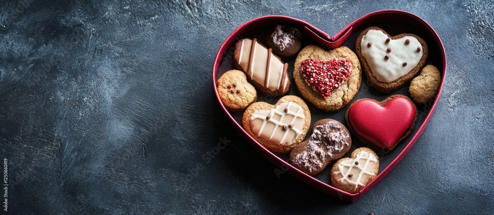 Poster heart shaped box filled with assorted celebration cookies and empty space for personalized text on d