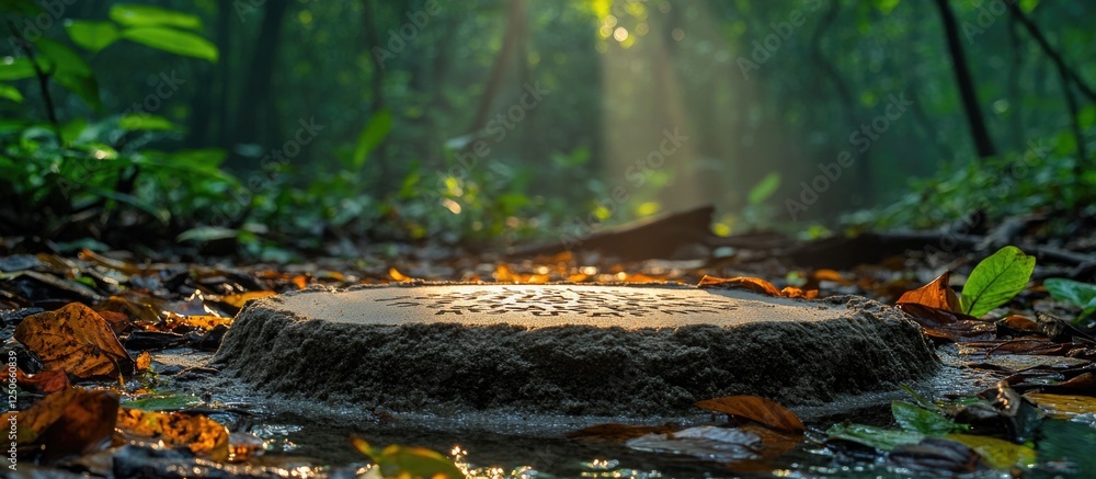 Poster inscription in sandy hole surrounded by lush forest with sunlight filtering through the trees creati