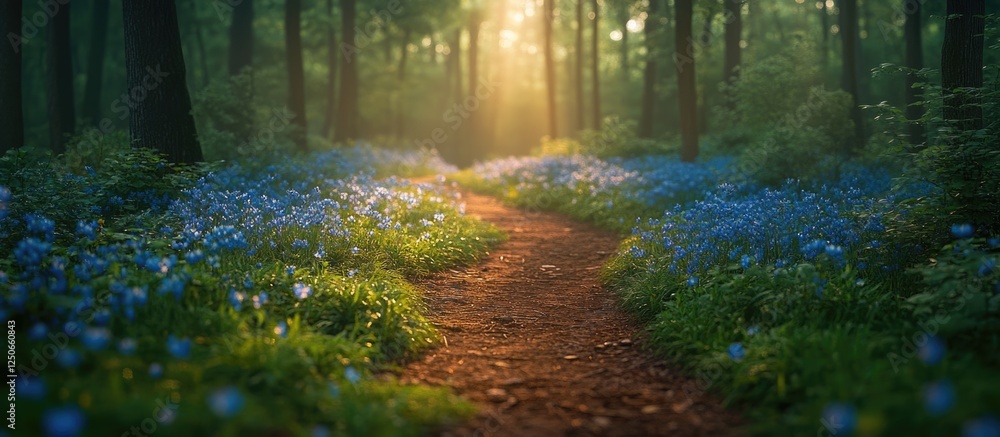 Poster springtime pathway through a forest adorned with blooming flowers and dappled sunlight creating a se