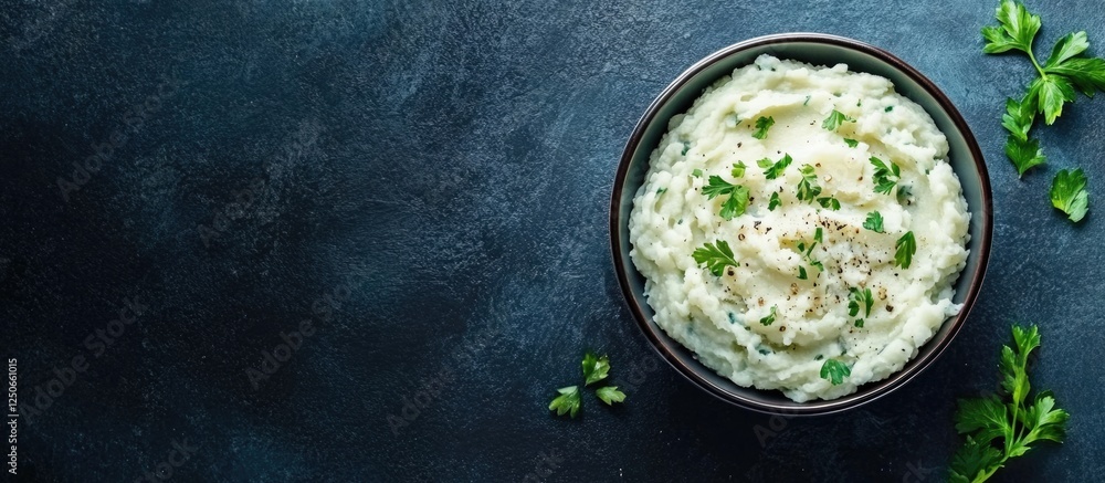 Poster creamy mashed potatoes with cheese and herbs in bowl on dark background with empty space for text or